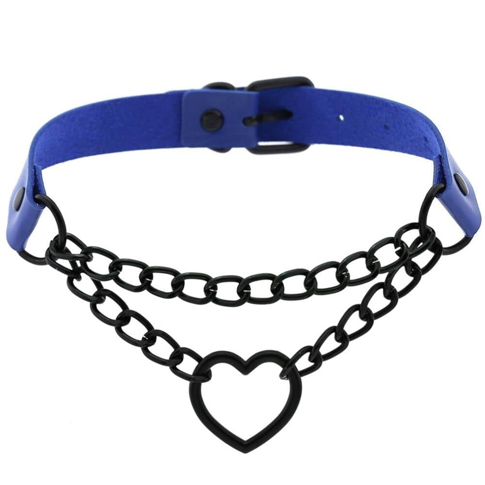All Black Heart Chain Choker with blue imitation leather for girls' Halloween accessories.
