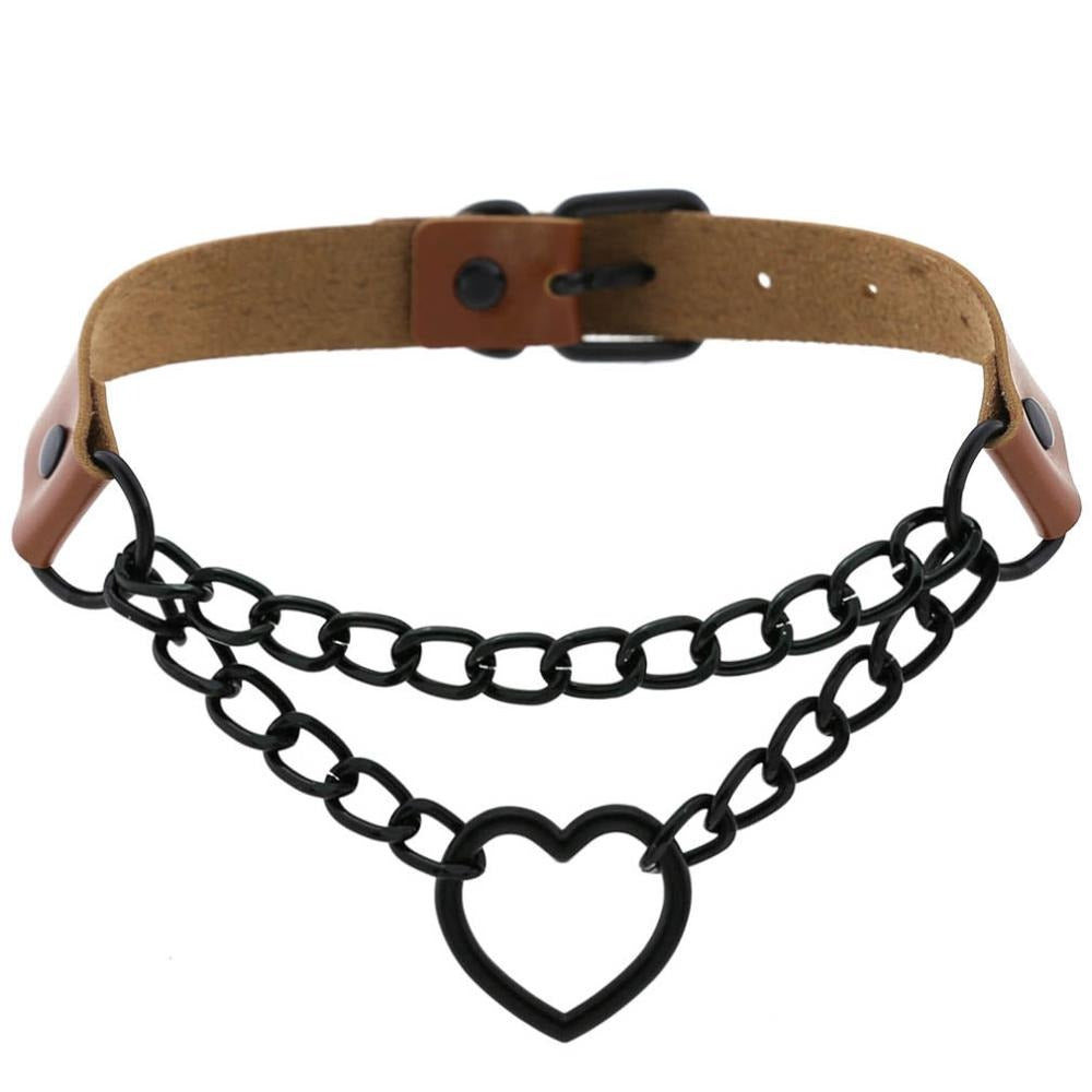 All Black Heart Chain Choker for girls, imitation leather gothic necklace with aluminum chain, perfect Halloween accessory.