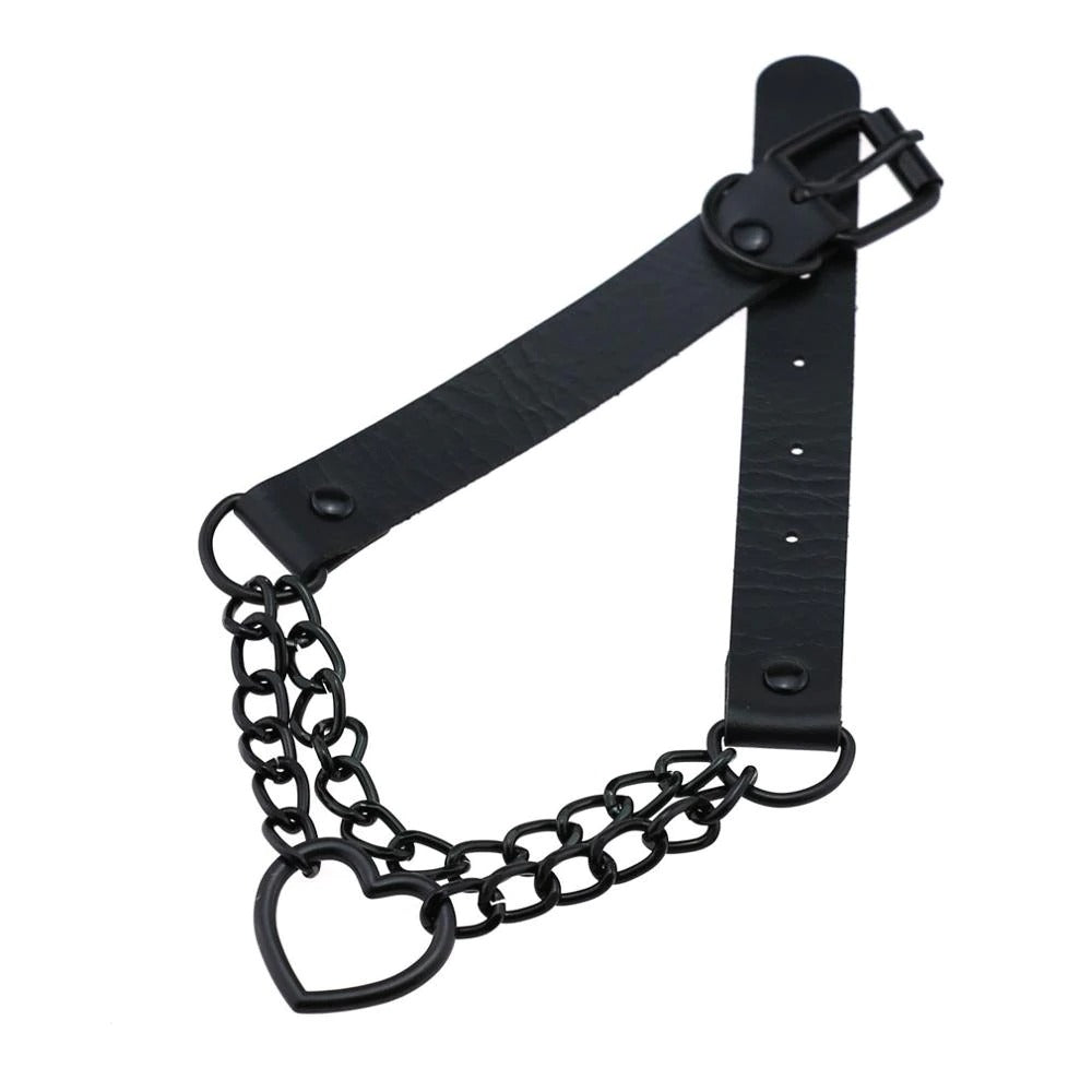 All Black Heart Chain Choker, gothic imitation leather necklace with aluminum chain, perfect for Halloween and trendy women's accessories.