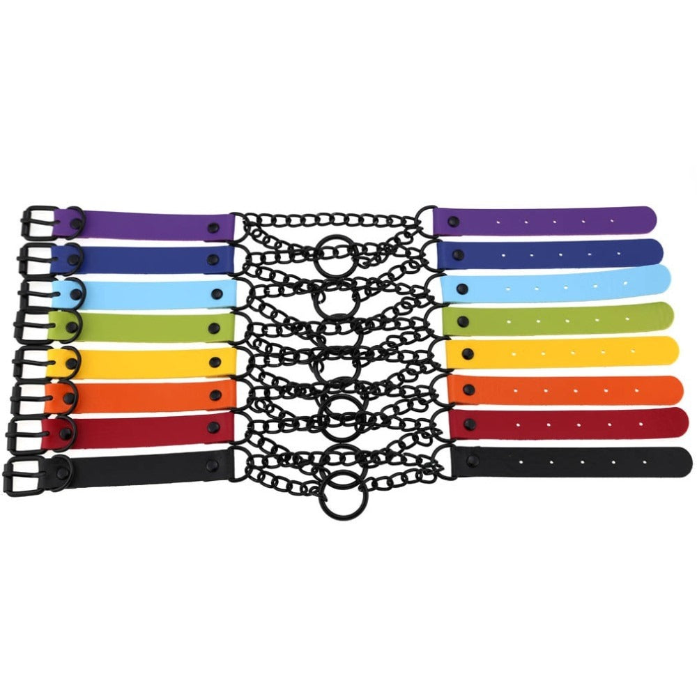 Colorful rainbow straps with black chains and rings, perfect for edgy Halloween costumes and imaginative outfits.