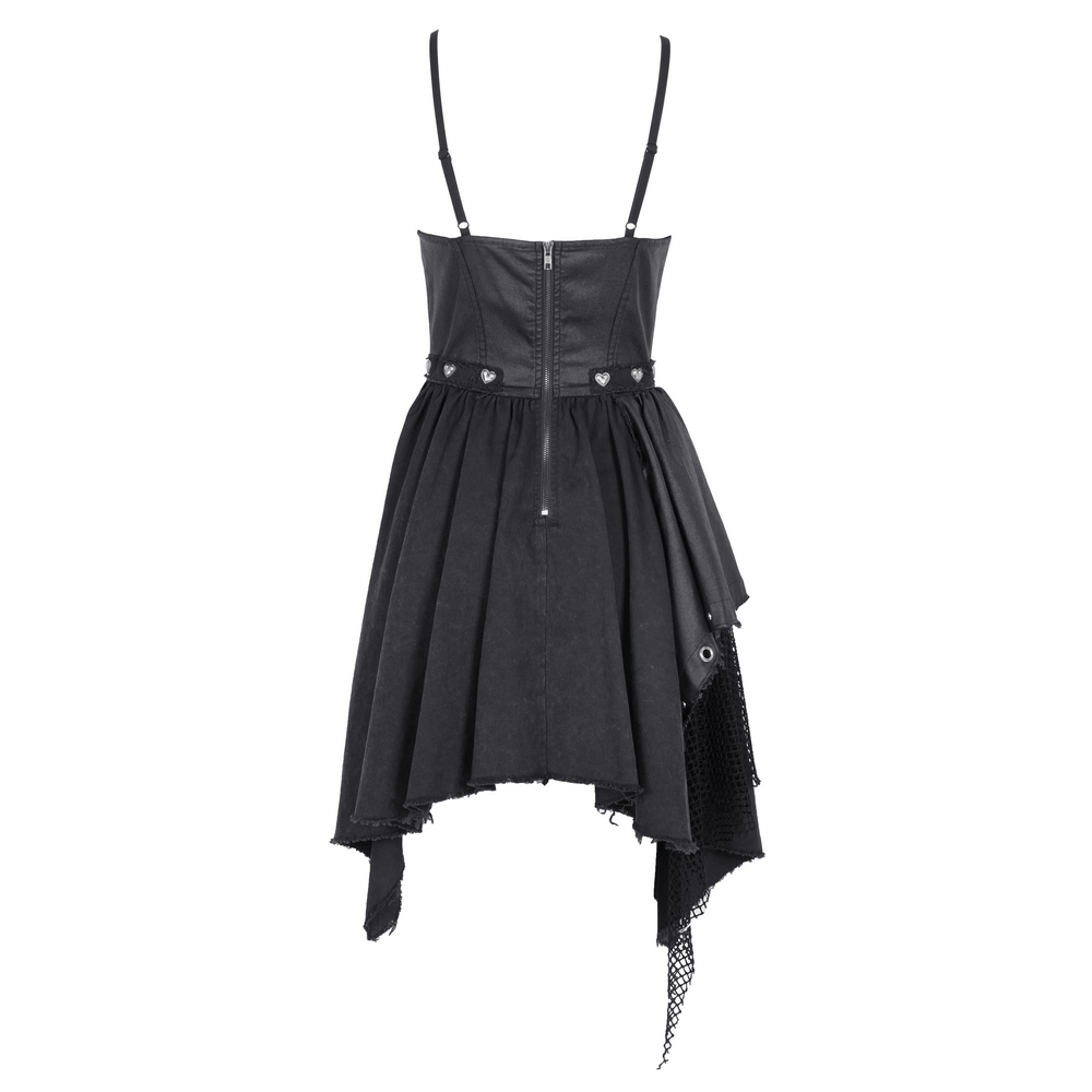 Asymmetric Gothic dress with lace detail and metal accents, showcasing a layered skirt and edgy design. Perfect for gothic fashion.