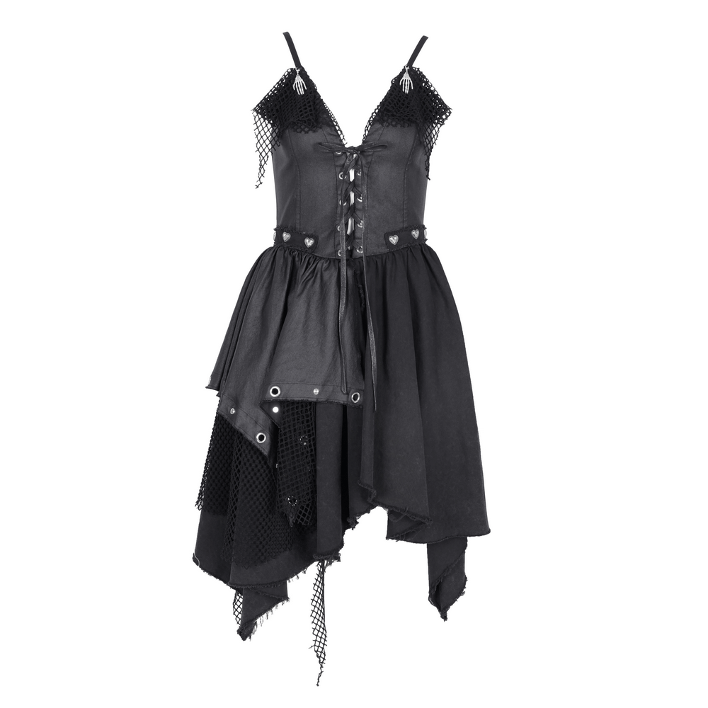 Allure Gothic dress with asymmetric layers, lace detail, and metal accents, perfect for edgy fashion enthusiasts.