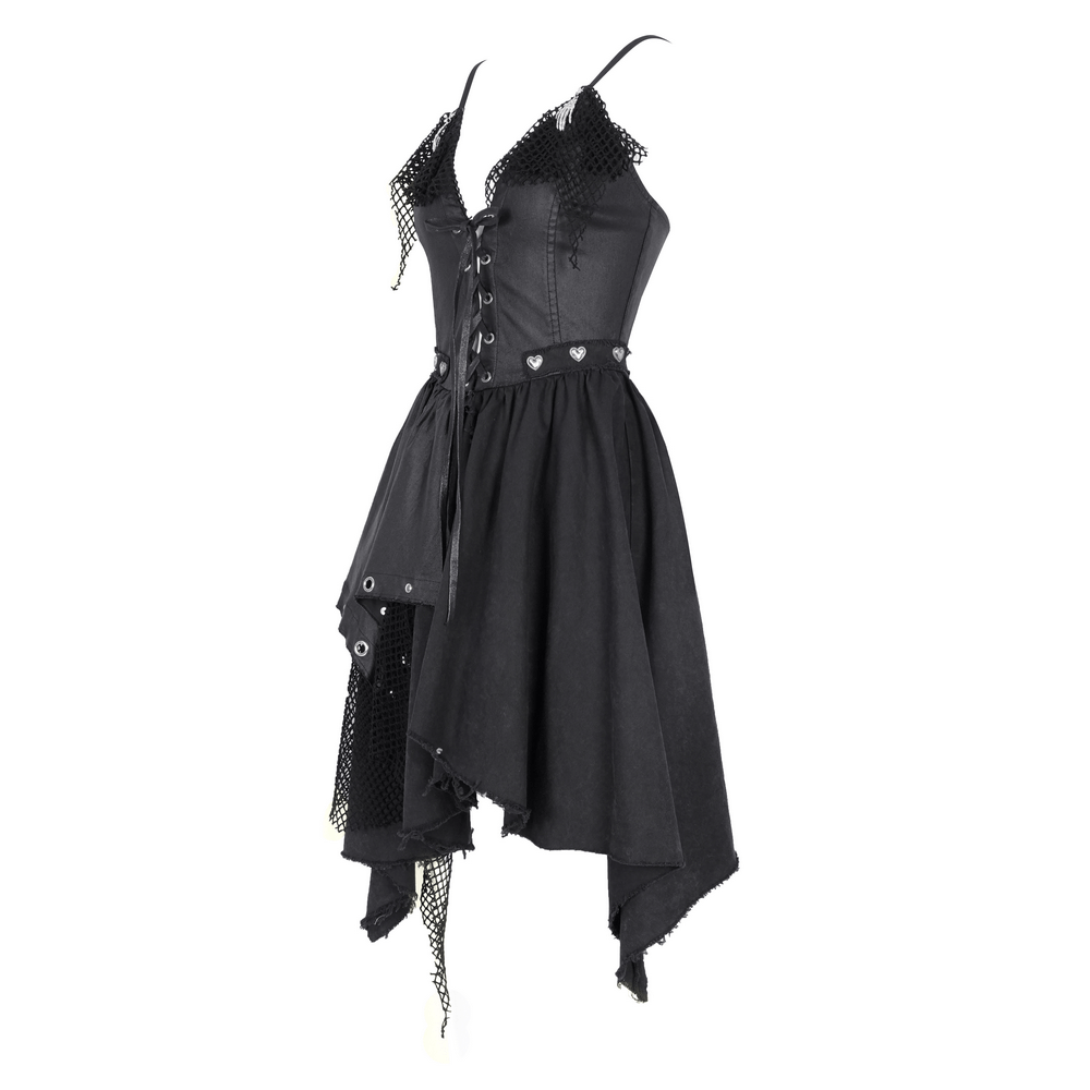 Allure Goth Layered Asymmetric Dress with lace detail and metal accents, perfect for gothic style and themed parties.