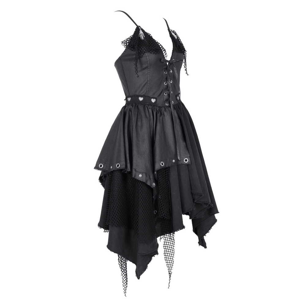 Asymmetric Gothic dress with layered skirt, lace detail, and metal accents for an edgy look. Perfect for themed parties.