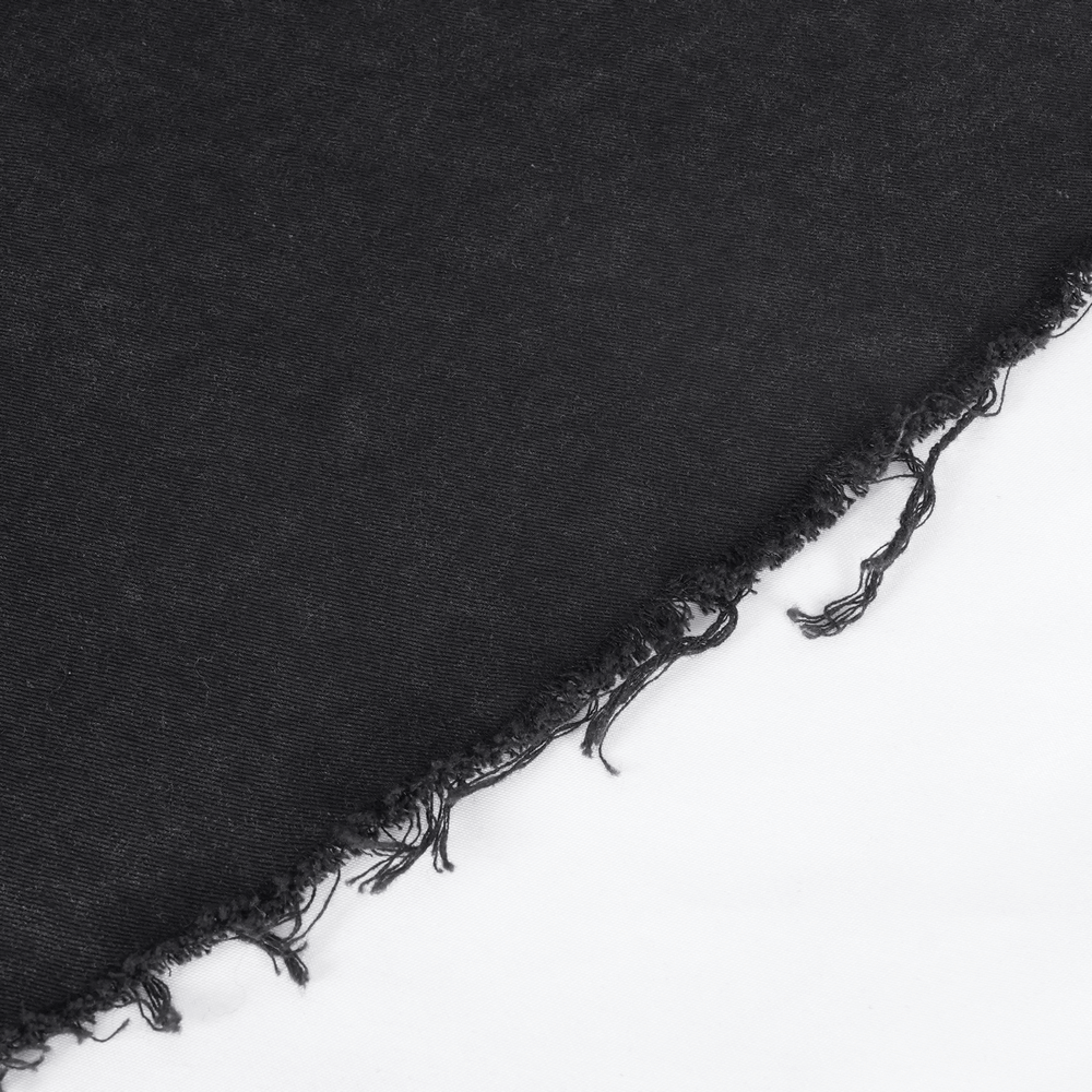 Black fabric with frayed edges, perfect for gothic fashion and creating edgy styles.