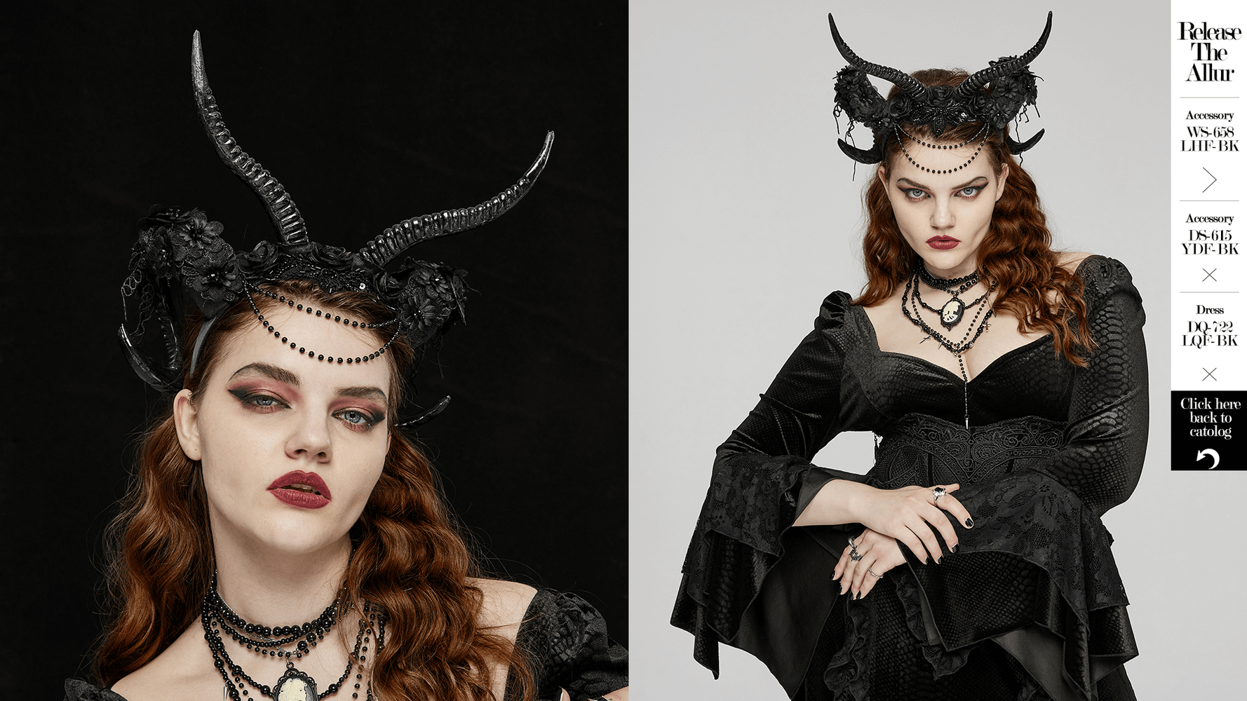 Gothic horned headpiece with lace detail and floral accents, worn by a model in dark attire, exuding an alluring vibe.