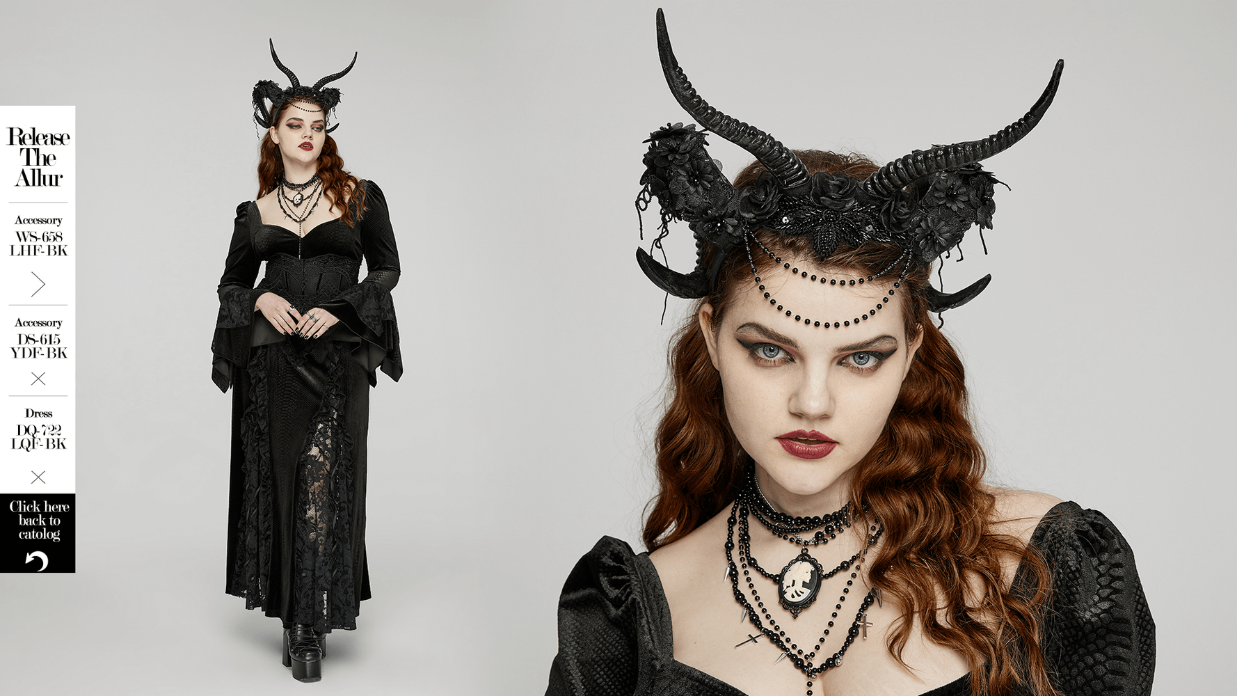 Gothic horned headdress with lace detail worn by a model, showcasing dark elegance and floral accents.
