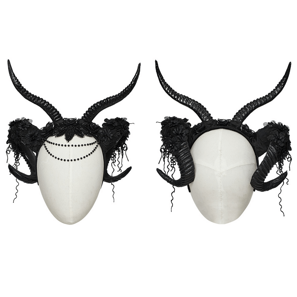 Gothic horned headpiece with floral lace details, perfect for adding drama to any outfit.