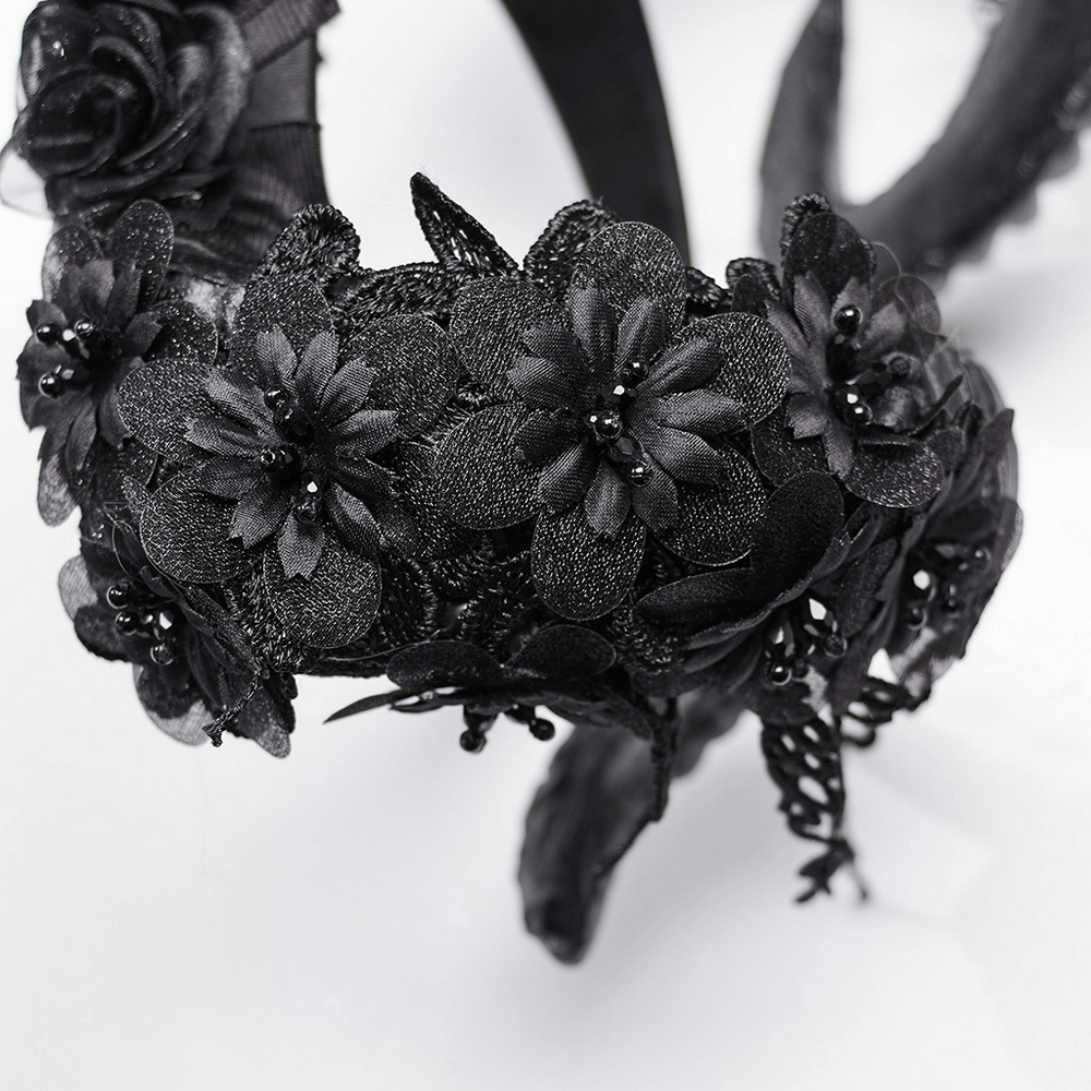 Allure Gothic Horned Headpiece featuring lace and black floral details, perfect for unleashing your dark style.