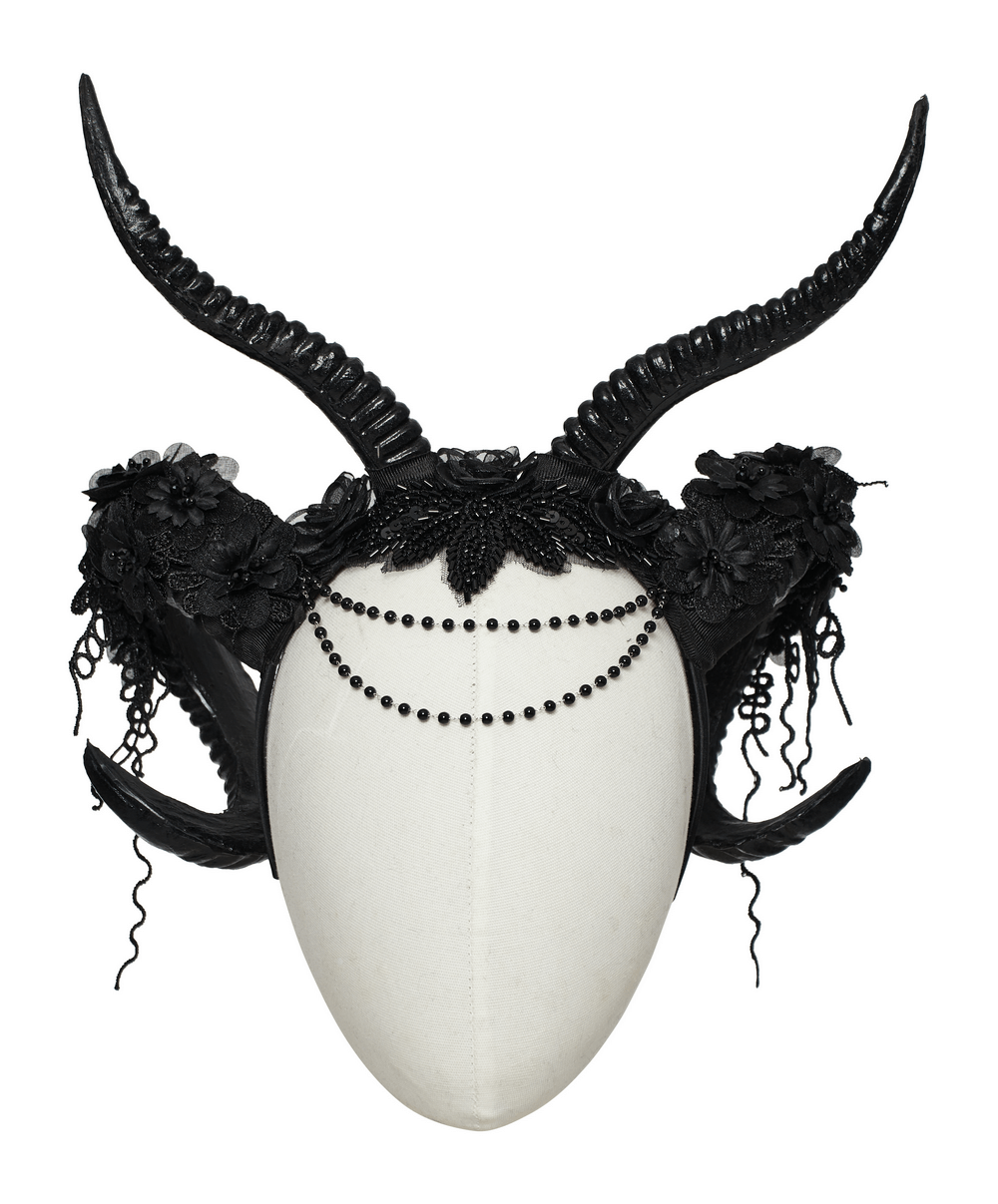 Allure Gothic Horned Headpiece with lace and floral detail, perfect for a striking gothic look.