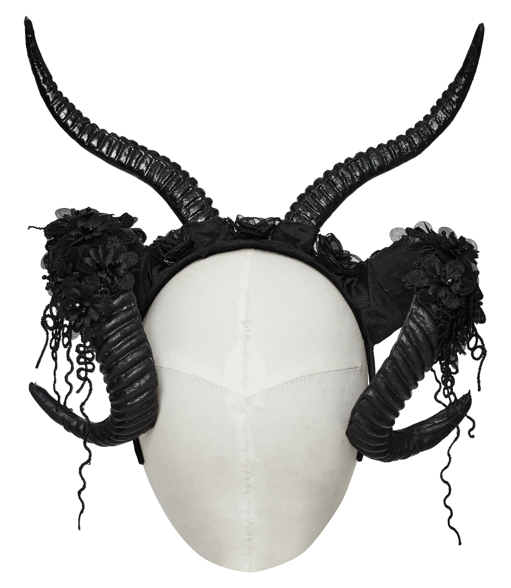 Gothic horned headpiece with lace flowers, perfect for unleashing your inner darkness and captivating presence.