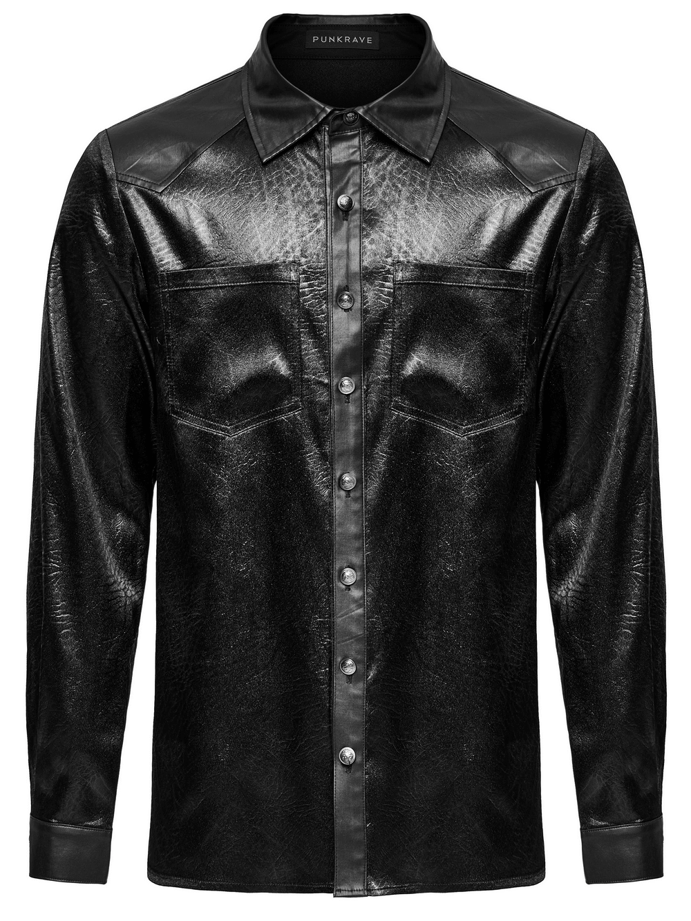 Gothic black shirt with splicing design for men, crafted from textured fabric with rubberized detailing.