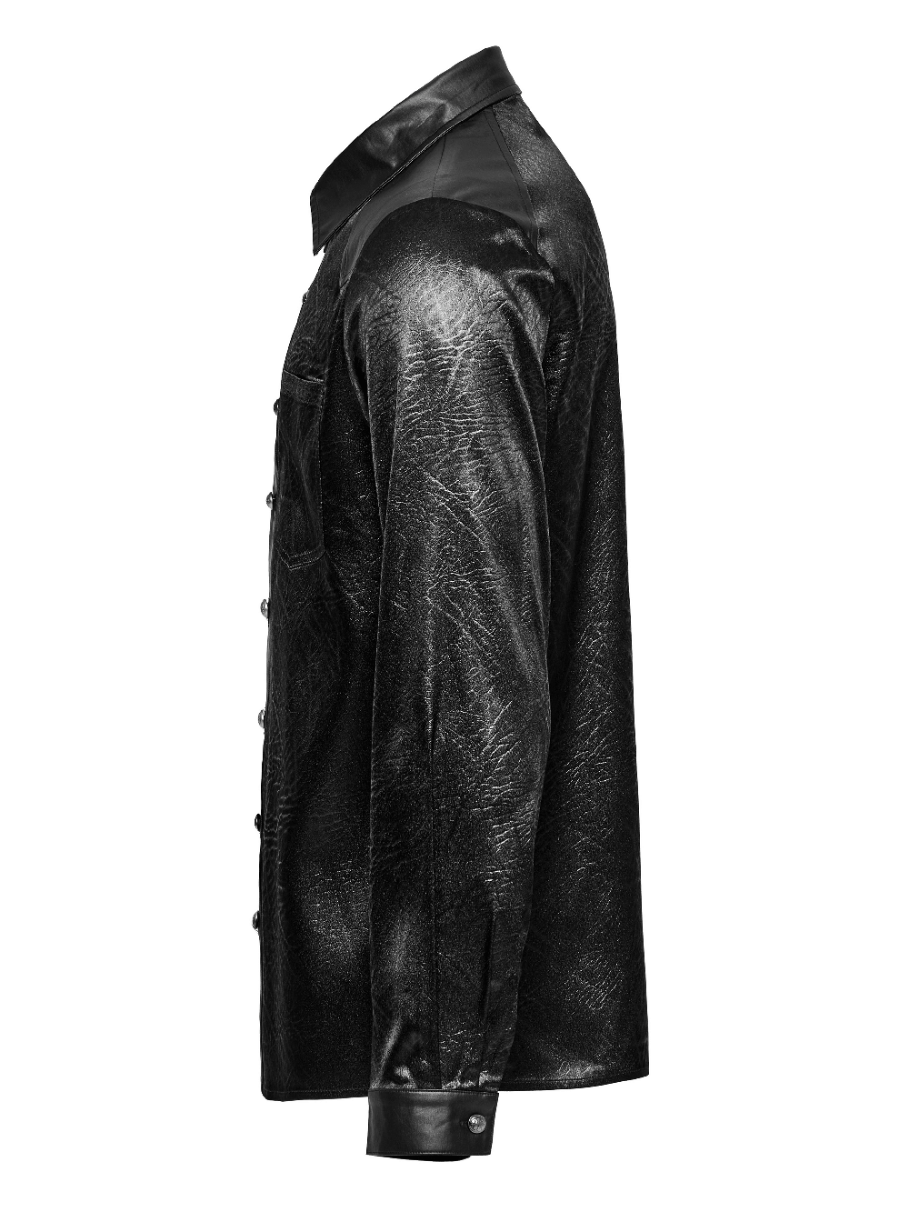 Gothic black shirt with splicing design for men, featuring crack-textured fabric and minimalist shoulders.