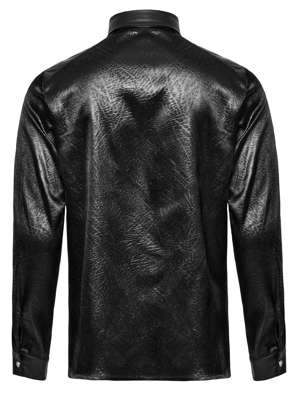 Back view of a stylish black gothic shirt with crack-textured woven fabric and minimalist shoulder design.