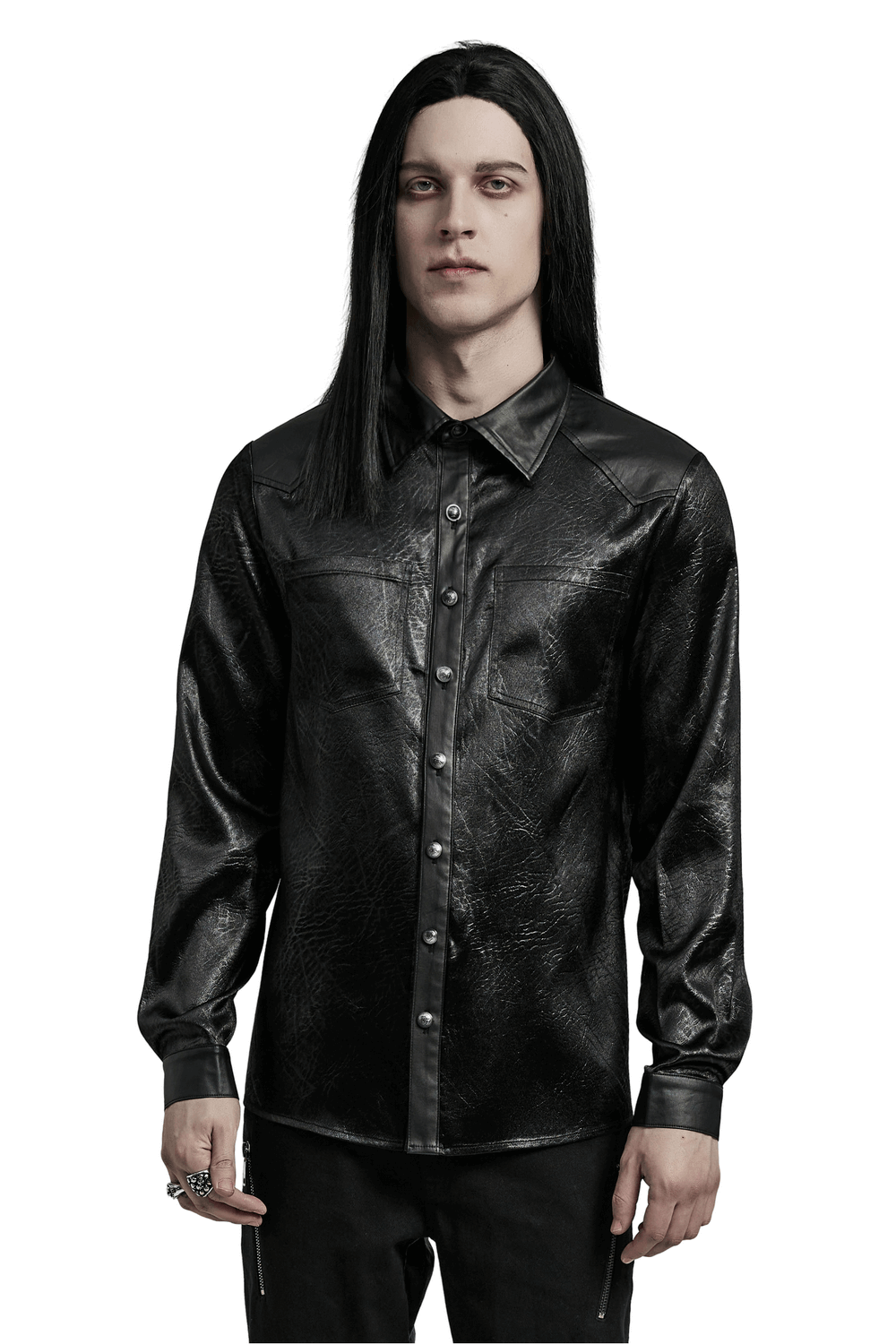 Gothic black shirt with splicing design, featuring a fitted silhouette and crack-textured woven fabric.