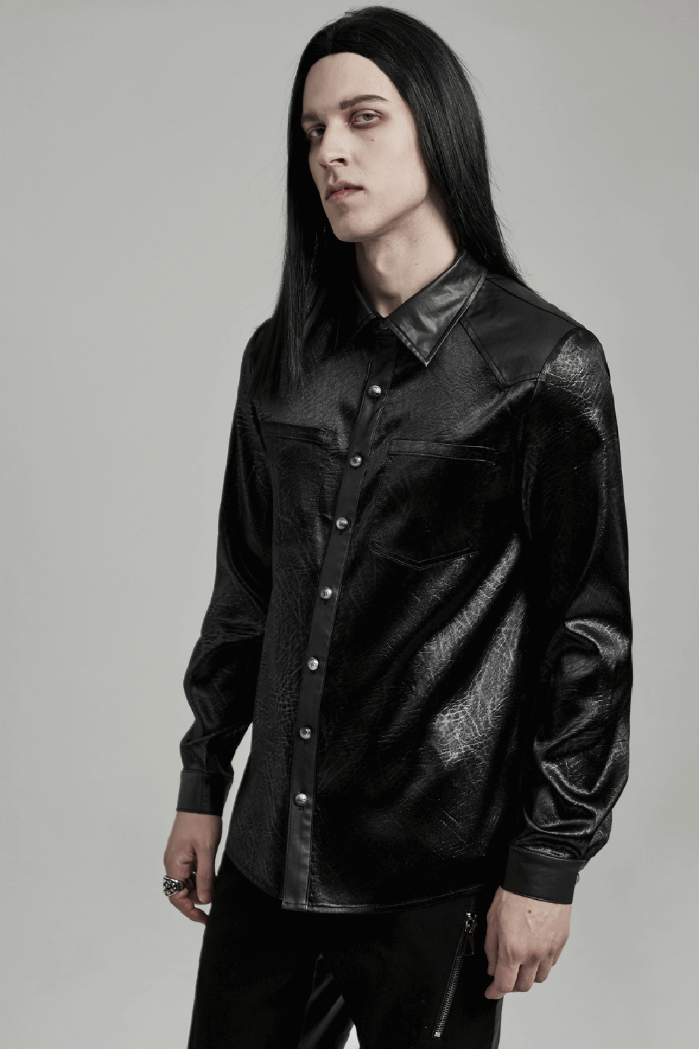 Gothic black shirt with splicing design, non-elastic fabric, and minimalist style for bold fashion statements.