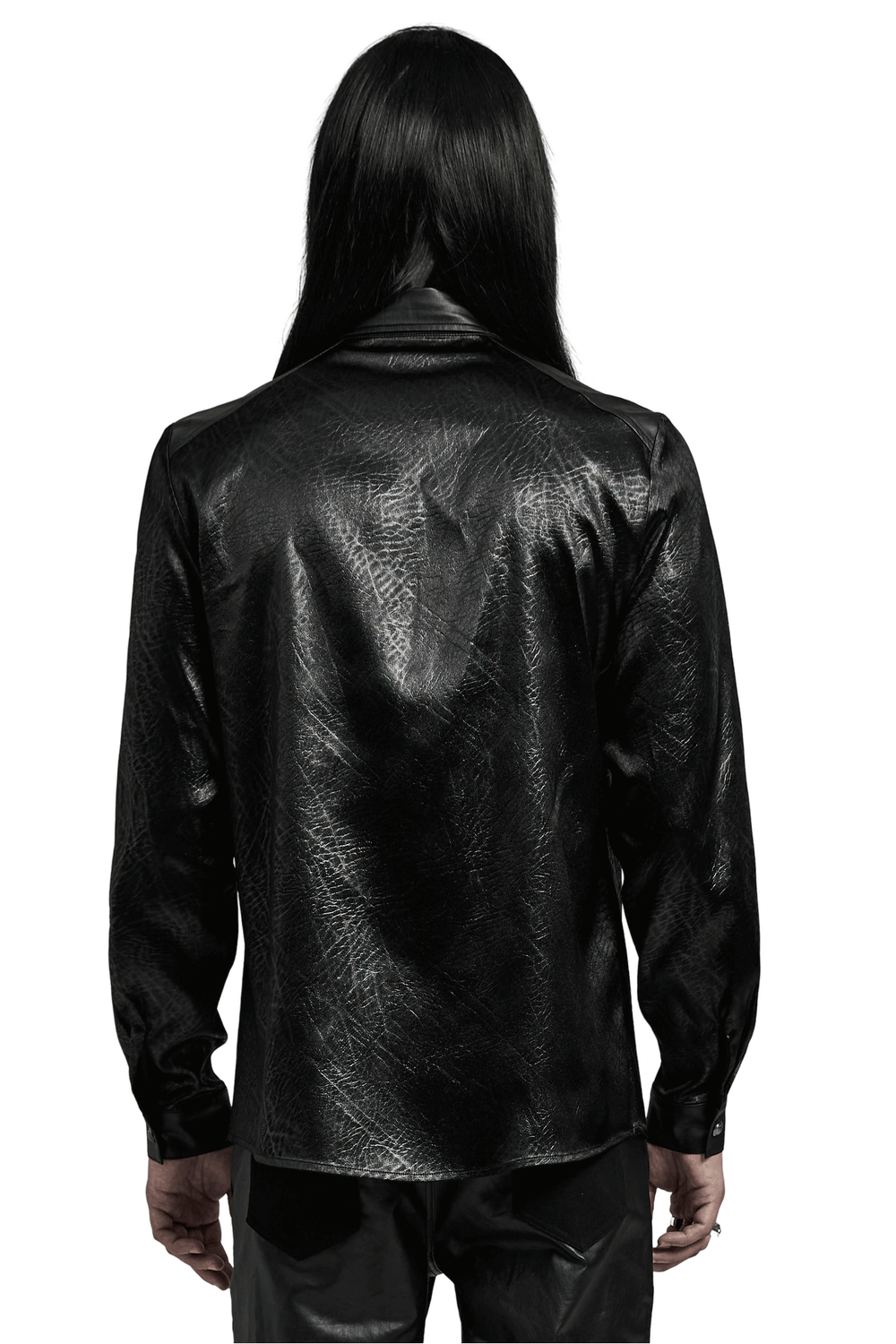 Back view of an edgy black gothic shirt with textured fabric, perfect for alternative men's fashion.
