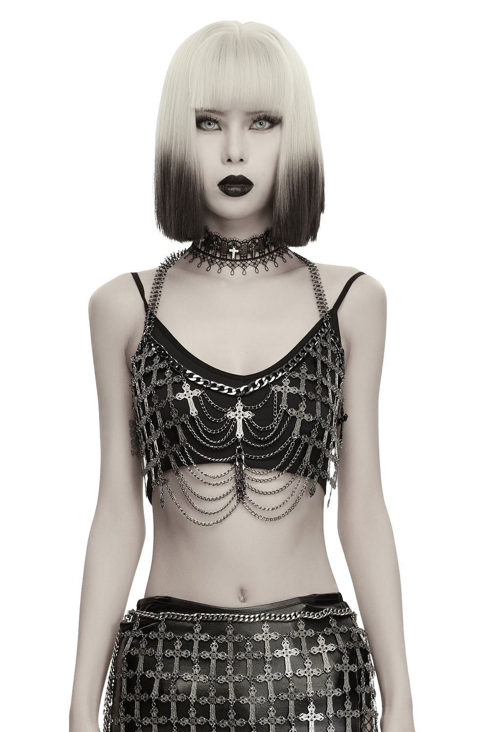 Alternative Cross Body Chain with Layered Drapes gothic cross body chain with cross motifs and draped metal links