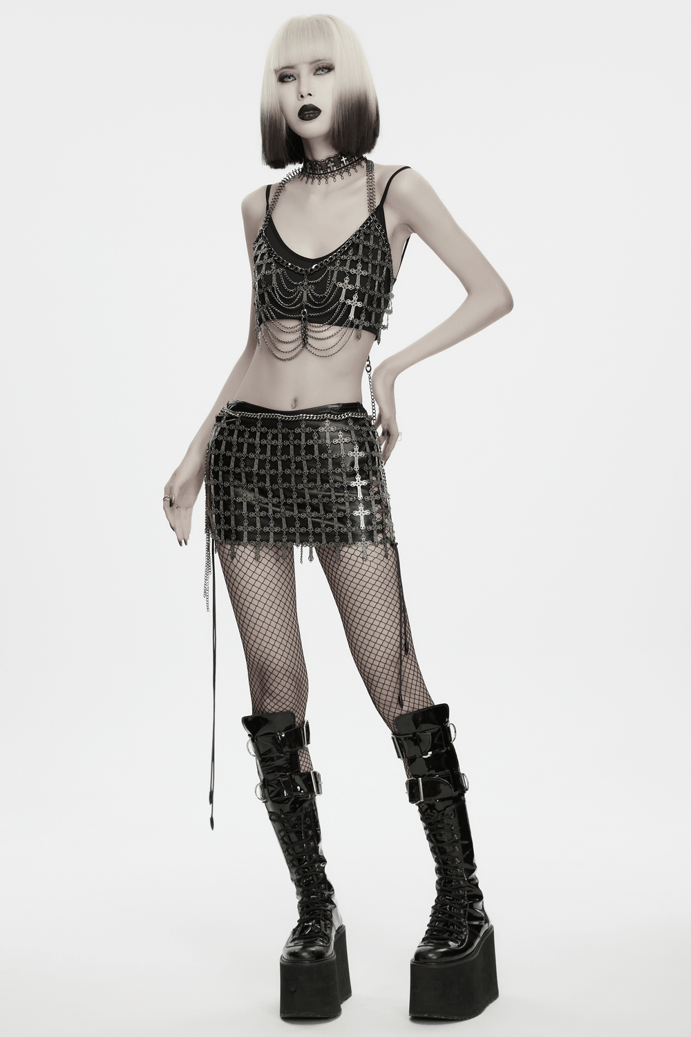 Alternative Cross Body Chain with Layered Drapes gothic metal chain top and skirt on edgy model