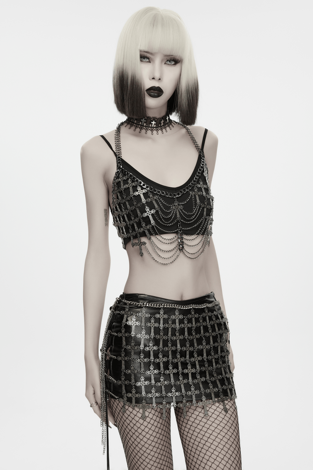 Alternative Cross Body Chain with Layered Drapes gothic crossbody chain top with cross motifs and cascading metal links