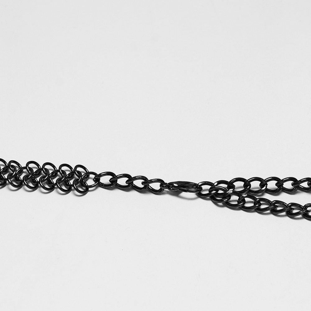 Alternative Cross Body Chain with Layered Drapes black gothic chain detail on white background