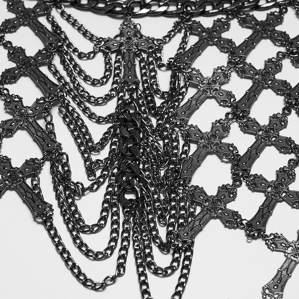 Alternative Cross Body Chain with Layered Drapes gothic black metal cross chain with layered drapes and ornate links