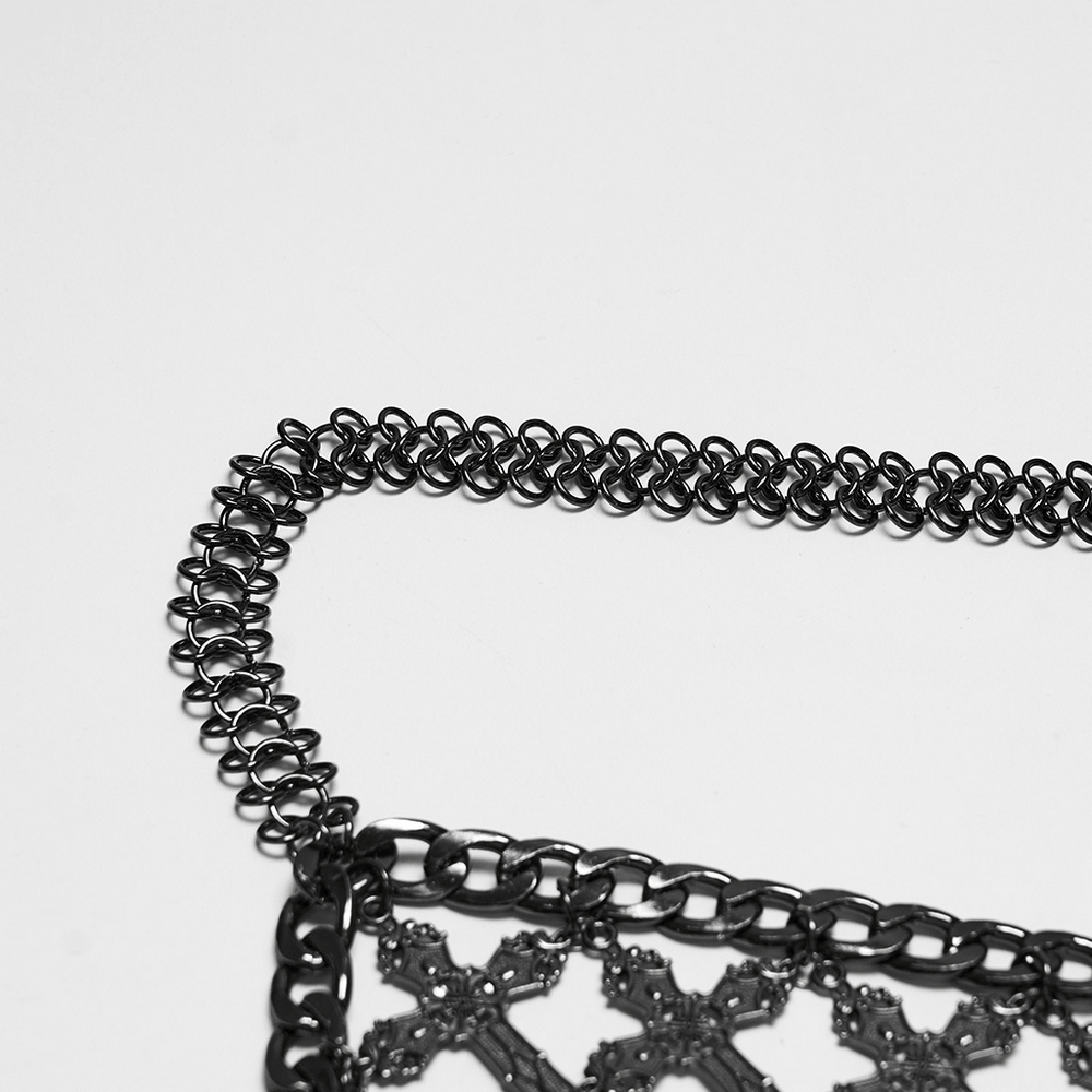 Alternative Cross Body Chain with Layered Drapes gothic black metal chain with ornate cross motifs and draped links