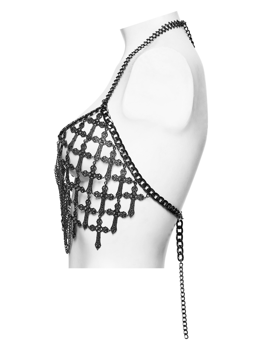 Alternative Cross Body Chain with Layered Drapes black gothic cross body chain with layered cross motifs and draped metal links