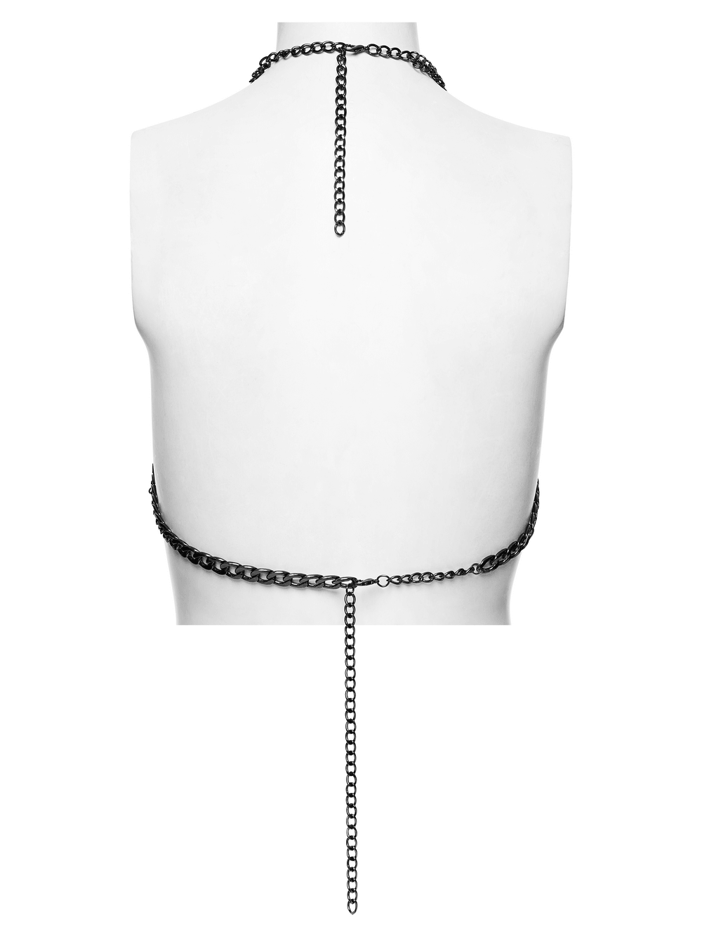 Alternative Cross Body Chain with Layered Drapes gothic black metal chain harness with draped links and adjustable halter silhouette