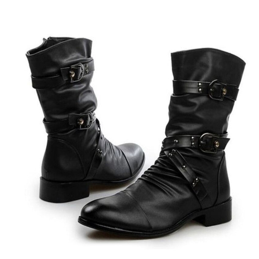 Stylish black faux leather Gothic men's boots with unique belt and plaque design, perfect for alternative fashion.