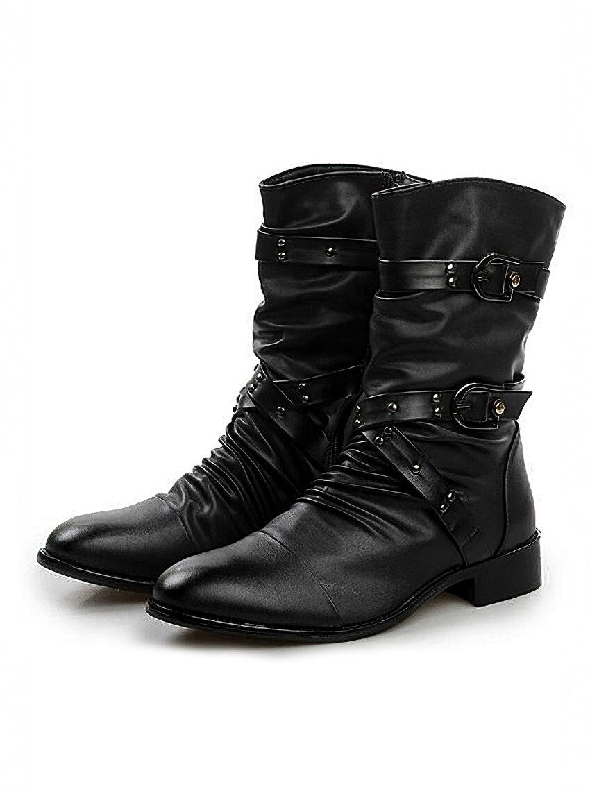 Alternative fashion British men's faux leather gothic slip-on boots with unique belt decor in black.