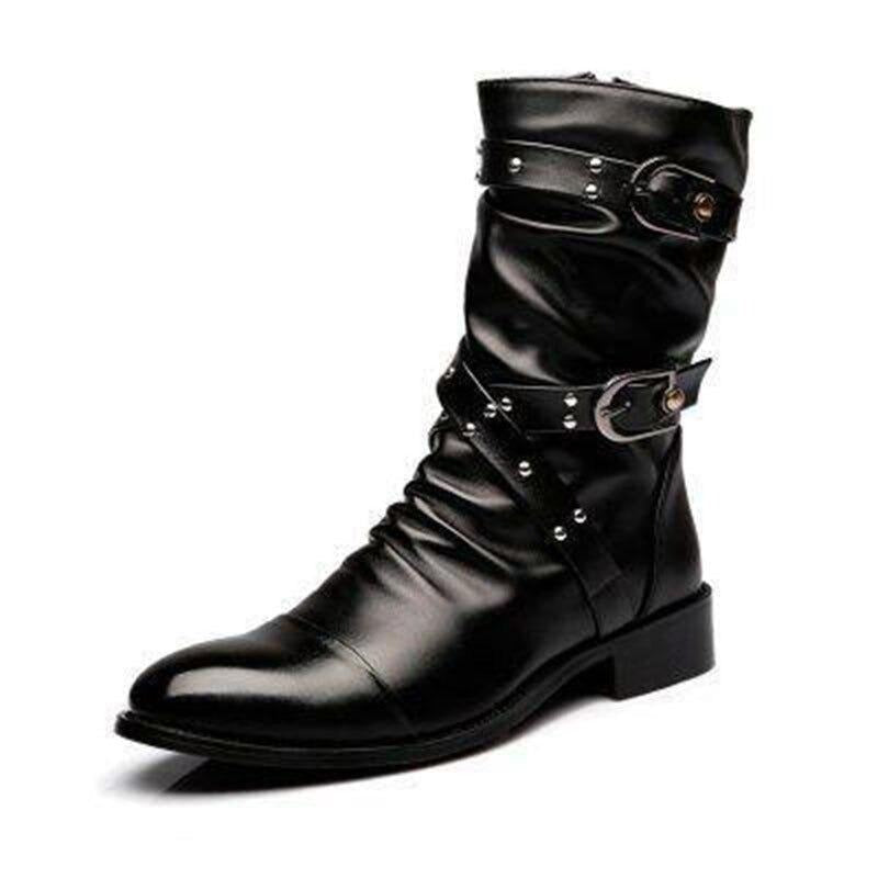 Stylish black PU leather slip-on boots for men with gothic design and buckle accents.