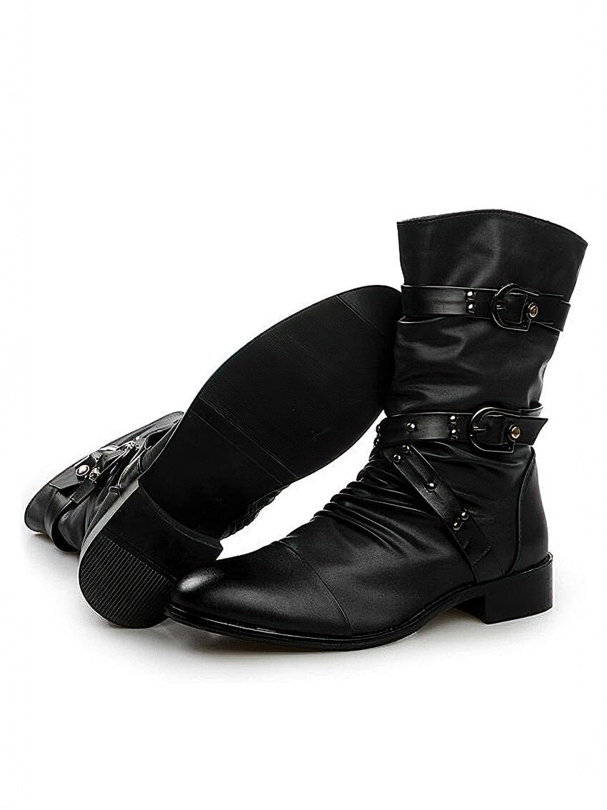 Black PU leather Gothic men's boots with unique design, buckles, and straps for a stylish alternative fashion look.