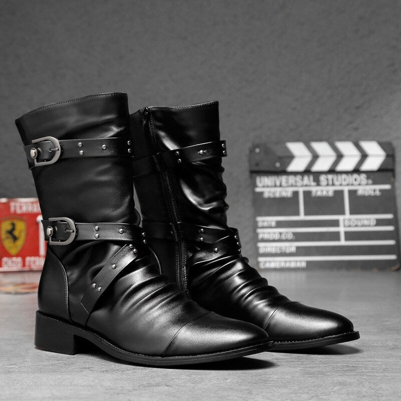 Black PU leather gothic men's slip-on boots with decorative belts and plaques, perfect for alternative fashion.