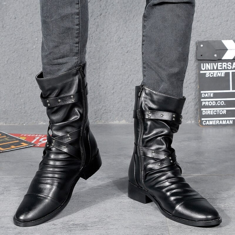 Alternative fashion black faux leather stylish slip-on boots for men, featuring unique belts and plaques.