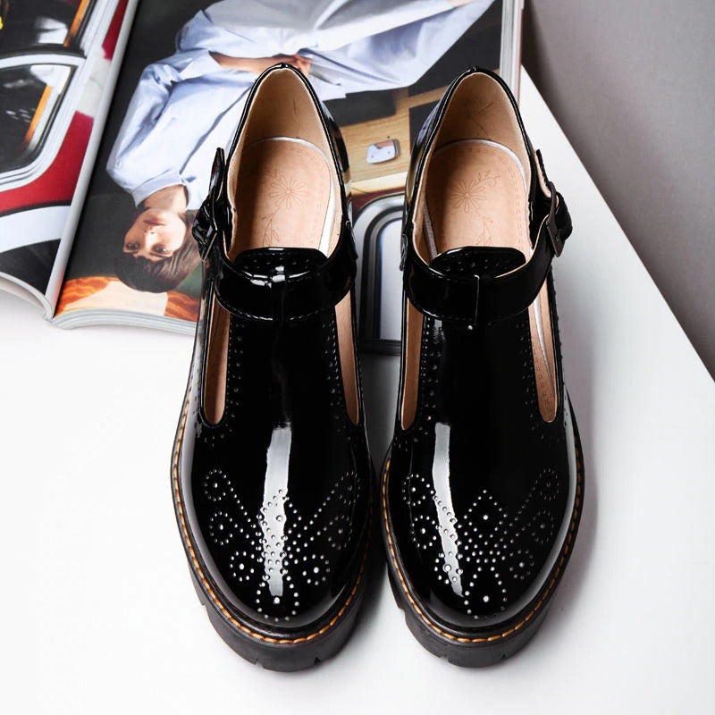 Alternative Fashion Brogue Round Toe Flats with Buckle Strap / Aesthetic Shoes for Women - HARD'N'HEAVY