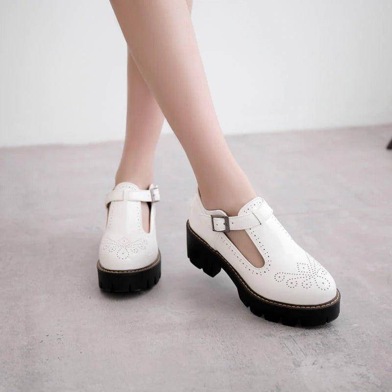 Alternative Fashion Brogue Round Toe Flats with Buckle Strap / Aesthetic Shoes for Women - HARD'N'HEAVY