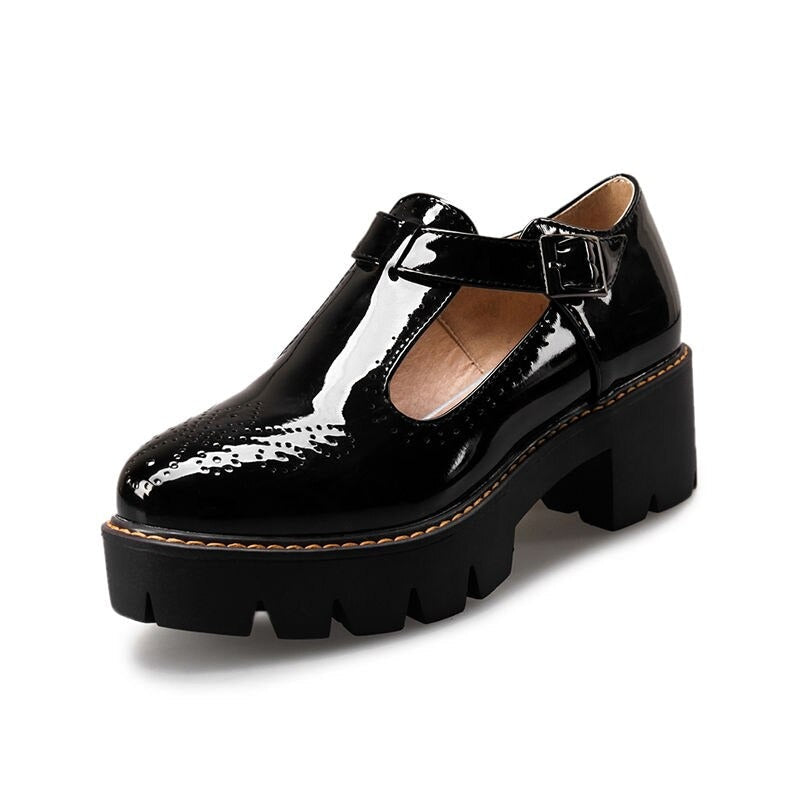 Alternative Fashion Brogue Round Toe Flats with Buckle Strap / Aesthetic Shoes for Women - HARD'N'HEAVY