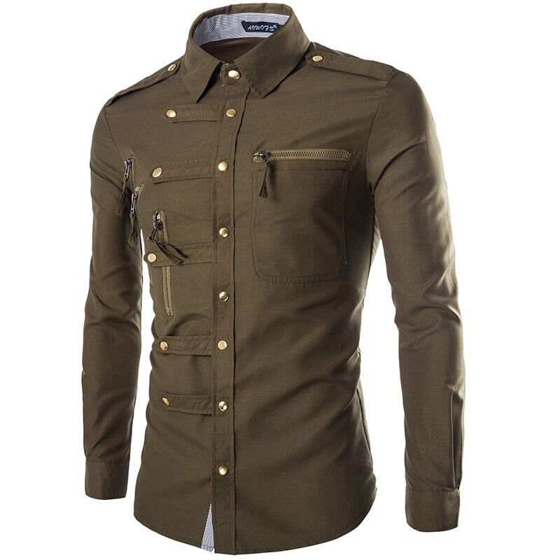 Stylish men's slim fit cotton dress shirt with long sleeves, metal buttons, and zippers in olive green.