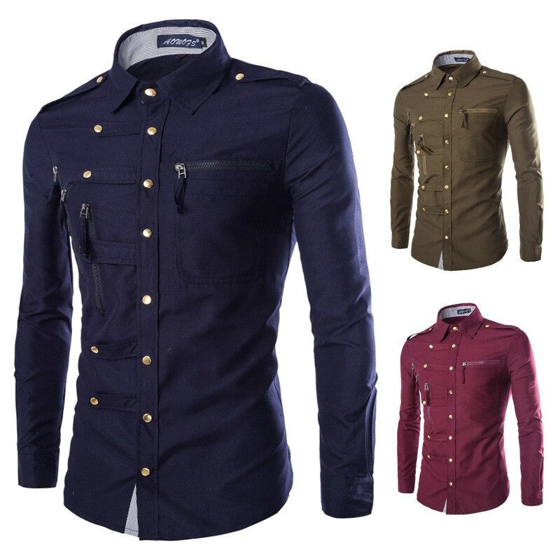 Stylish mens slim fit shirt with long sleeves, metal buttons, and zippers in navy, olive, and maroon colors.