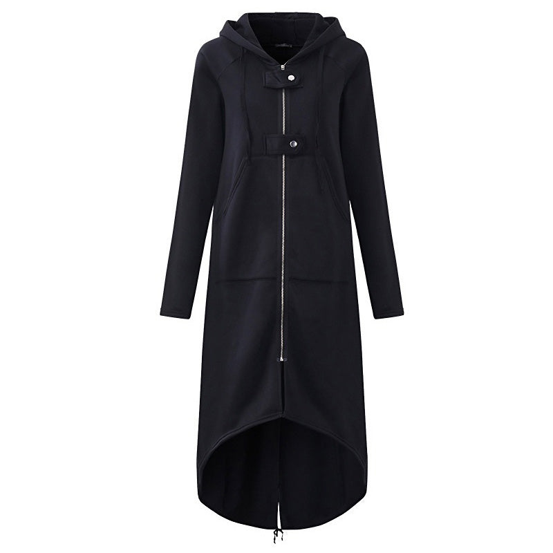 Gothic style women's long sleeve hooded trench coat in black with zippers and unique design. Perfect for alternative fashion lovers.