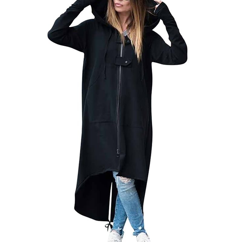 Alternative fashion long sleeve hooded trench coat in black with zippers, stylish women's overcoat for a gothic look.