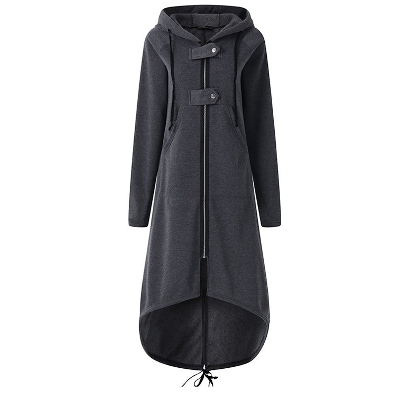 Alternative fashion long sleeve hooded trench coat in black with zippers, perfect for Gothic style enthusiasts.