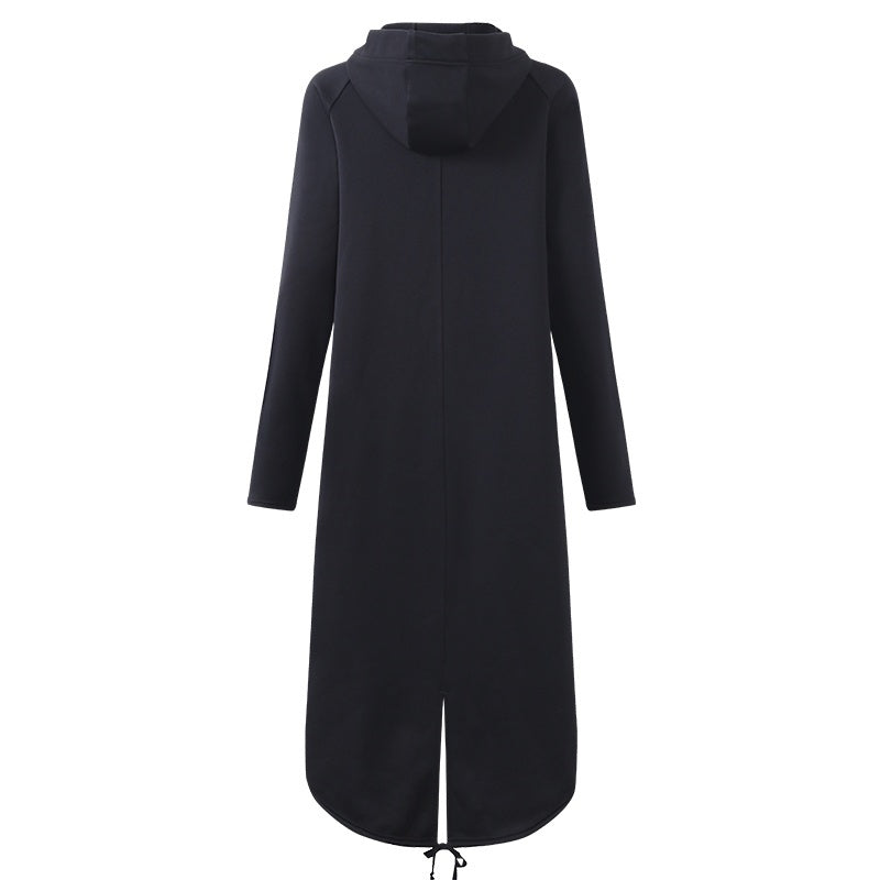 Back view of a Gothic style black velvet long sleeve hooded trench coat with zippers for women.