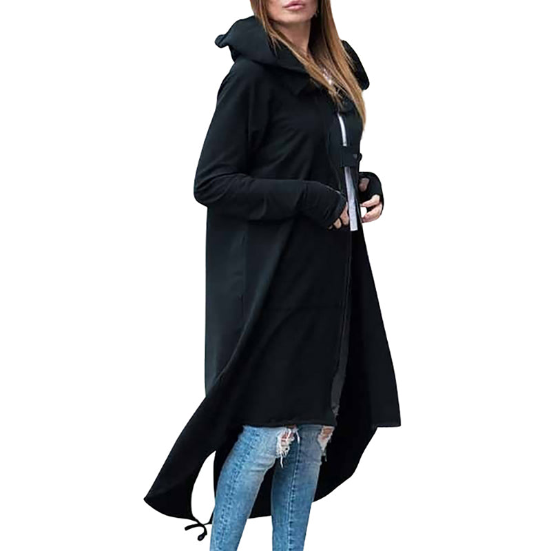 Alternative fashion long sleeve hooded trench coat in black, stylish and unique design for women.