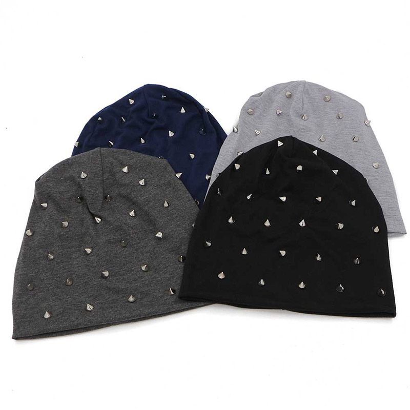 Four rock & metal style beanie hats with studs in black, grey, navy, and dark grey colors.