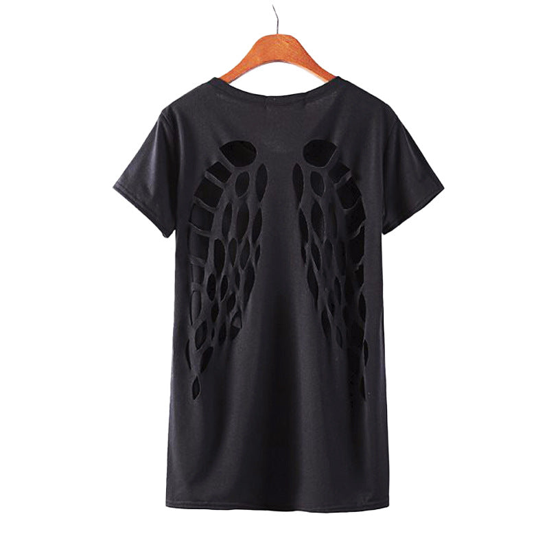 Alternative Fashion Rock Style T Shirt / Women Backless Clothes with Angel Wings and O-Neck - HARD'N'HEAVY