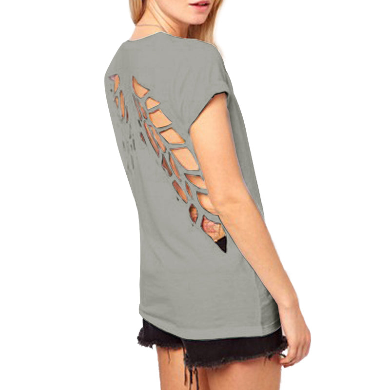 Alternative Fashion Rock Style T Shirt / Women Backless Clothes with Angel Wings and O-Neck - HARD'N'HEAVY