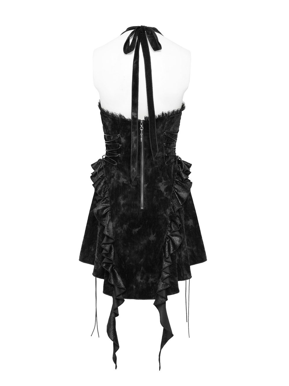 Alternative Halter Mini Dress with Cascading Ruffles black gothic lace-up dress with asymmetric draped hem