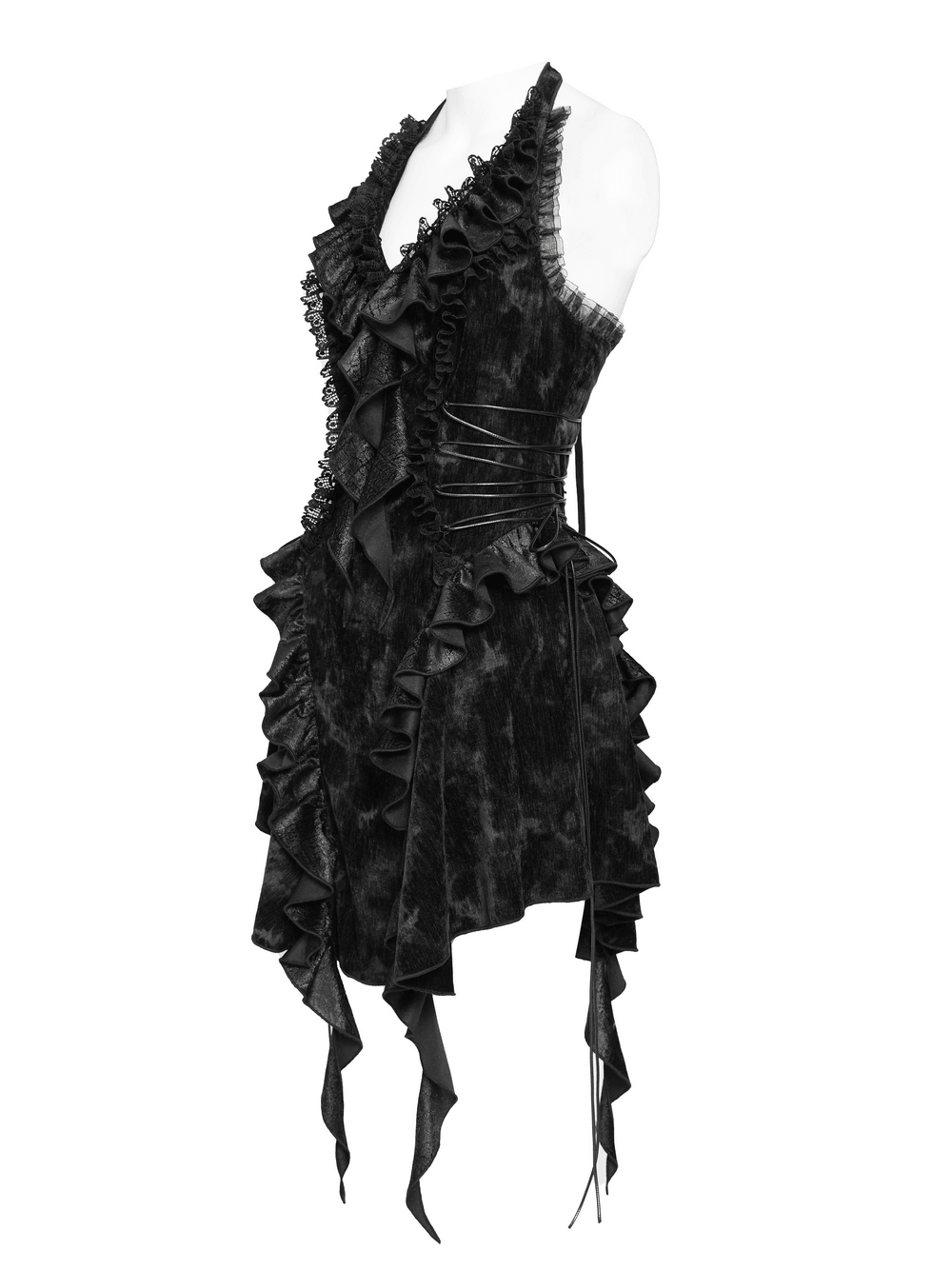 Alternative Halter Mini Dress with Cascading Ruffles black gothic lace-up dress with asymmetrical draped hem